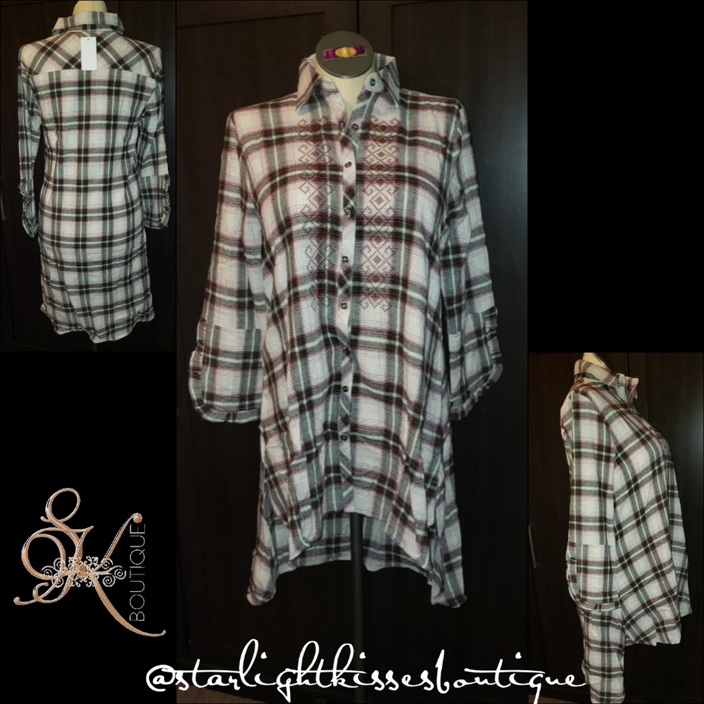 Embroidered plaid print dress